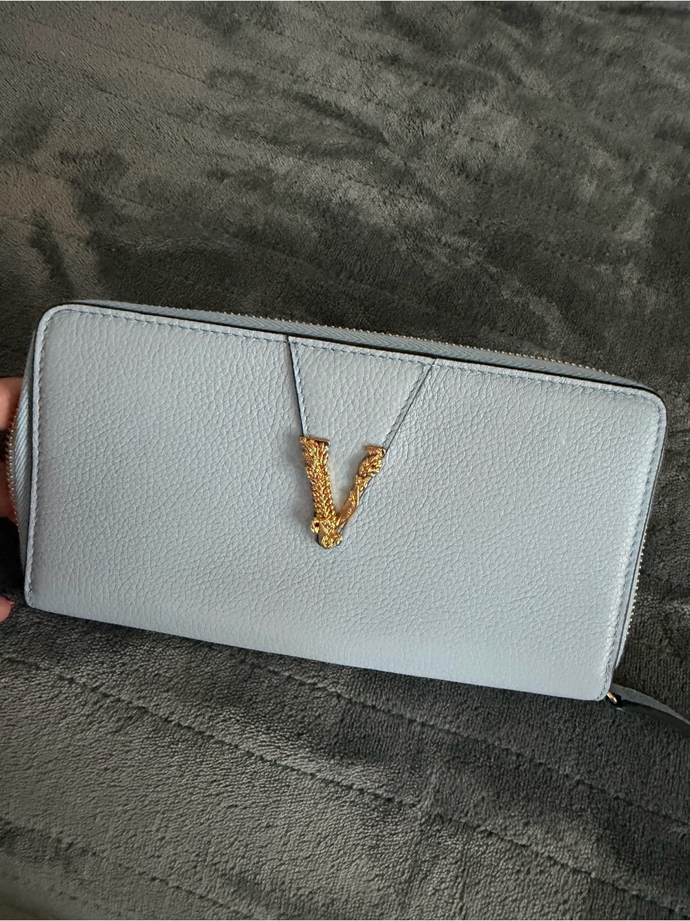 Versace Light Blue Pebbled Leather Zip-Around Wallet with Gold V Emblem